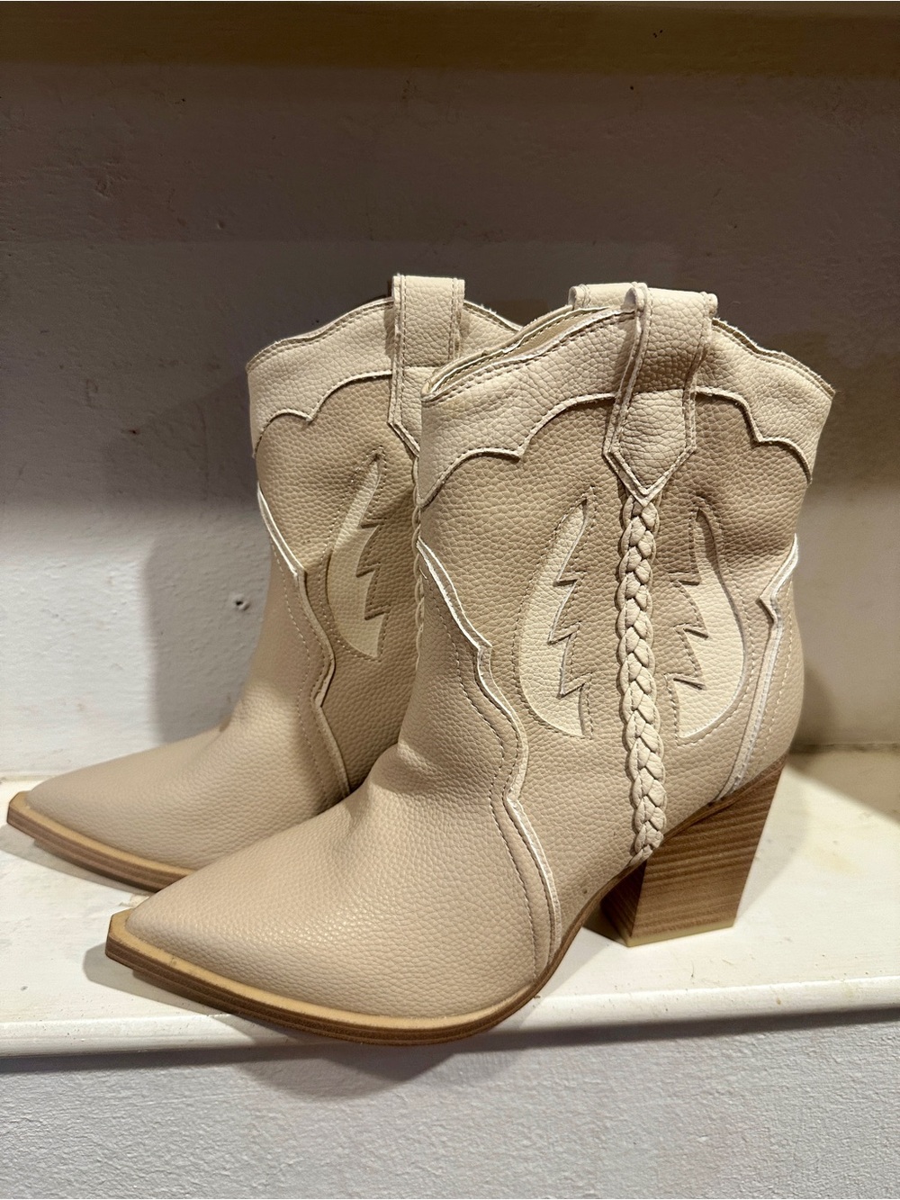 MIA Cream Braided Western Cowboy Boots Block Heel NWT